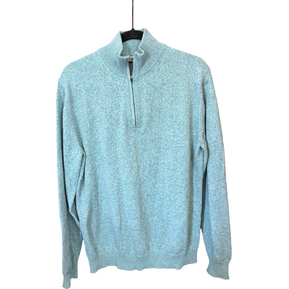 Luciano Barbera Men Quarter Zip Sweater Heather Blue Cotton Linen Made In Italy